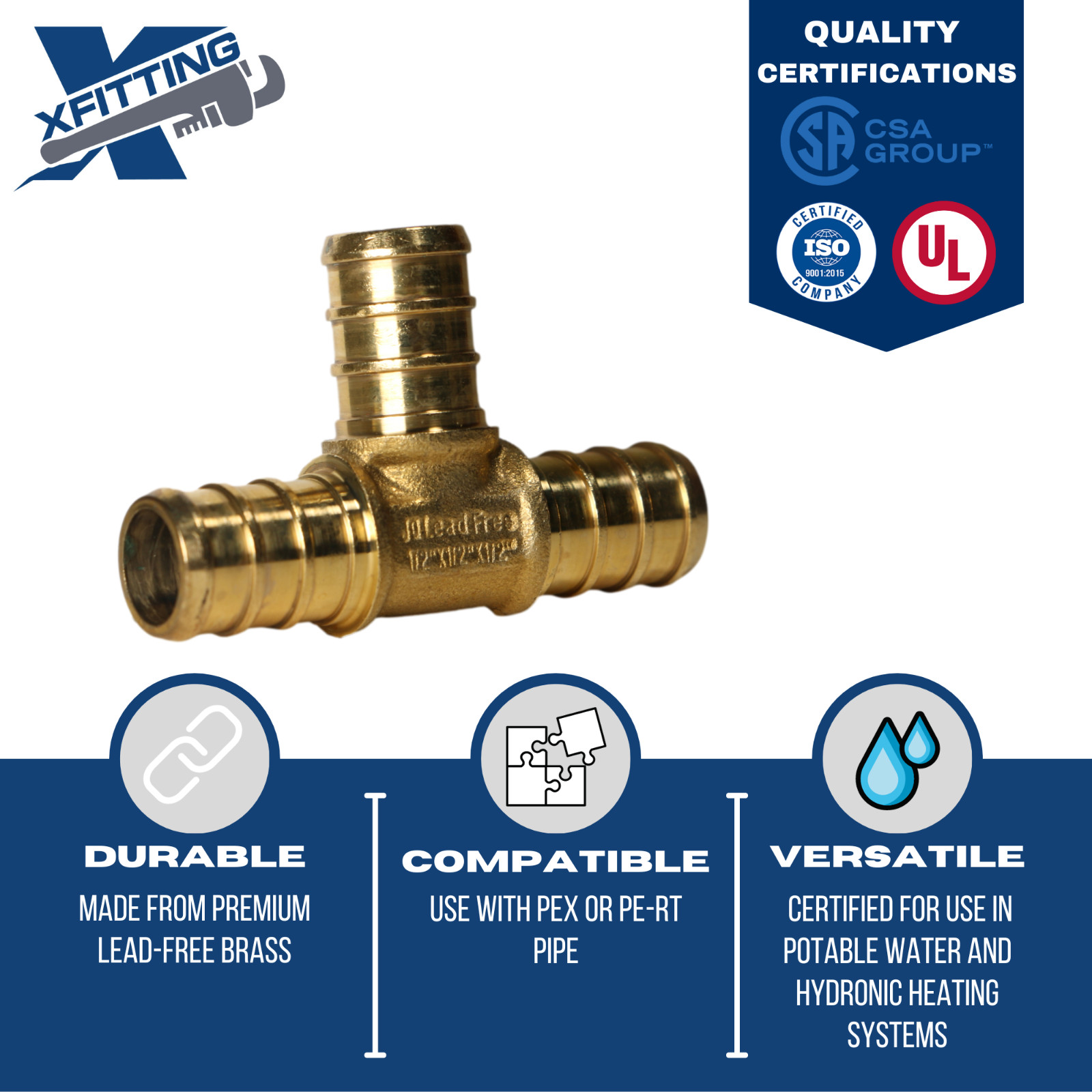5 Pcs XFITTING 1/2" x 1/2" x 1/2" Pex Tee, Pex Barb Crimp Tee, Lead Free Brass