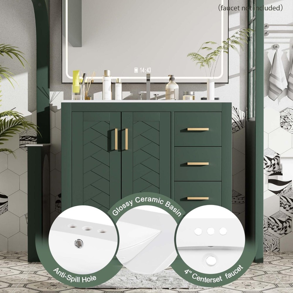 36'' Bathroom Vanity with Ceramic Sink Combo, Solid Wood Frame Bathroom Storage