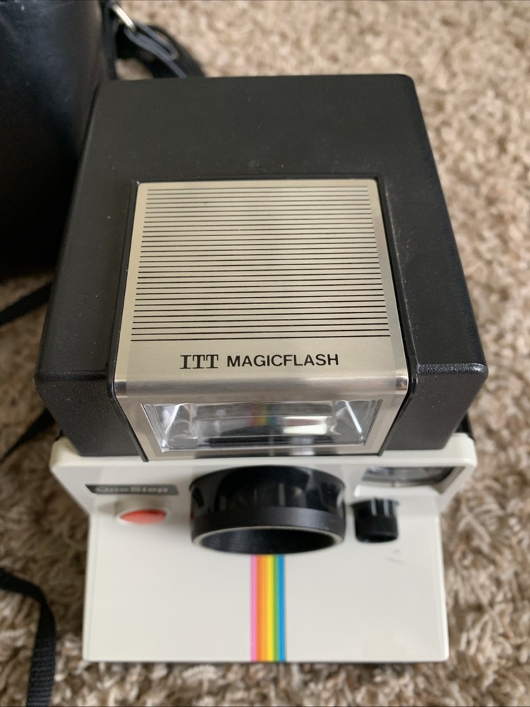 VTG Polaroid Rainbow Stripe One Step Land Instant Camera, ITT Magic Flash & Case