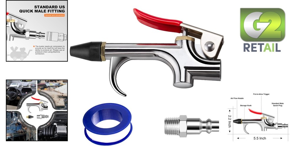 Chrome Blow Gun with Rubber Tip - 1/4 in Quick Fitting Accessory Kit
