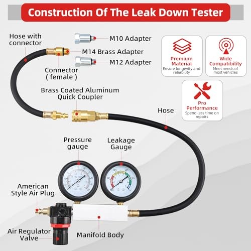 Cylinder Leak Down Tester Tool Kit, Gasoline Engine Compression Leak Down