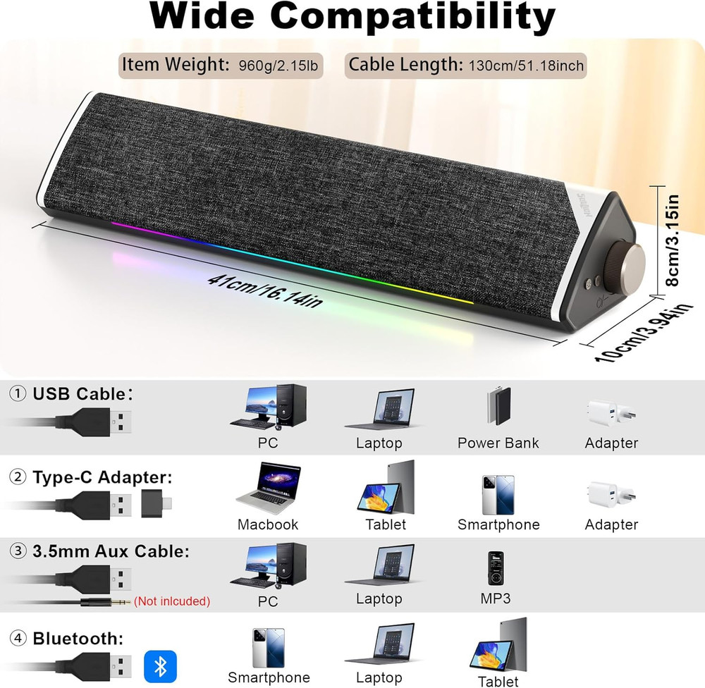 Computer Speakers, USB-Powered Bluetooth PC Soundbar with Dynamic RGB LED Lights