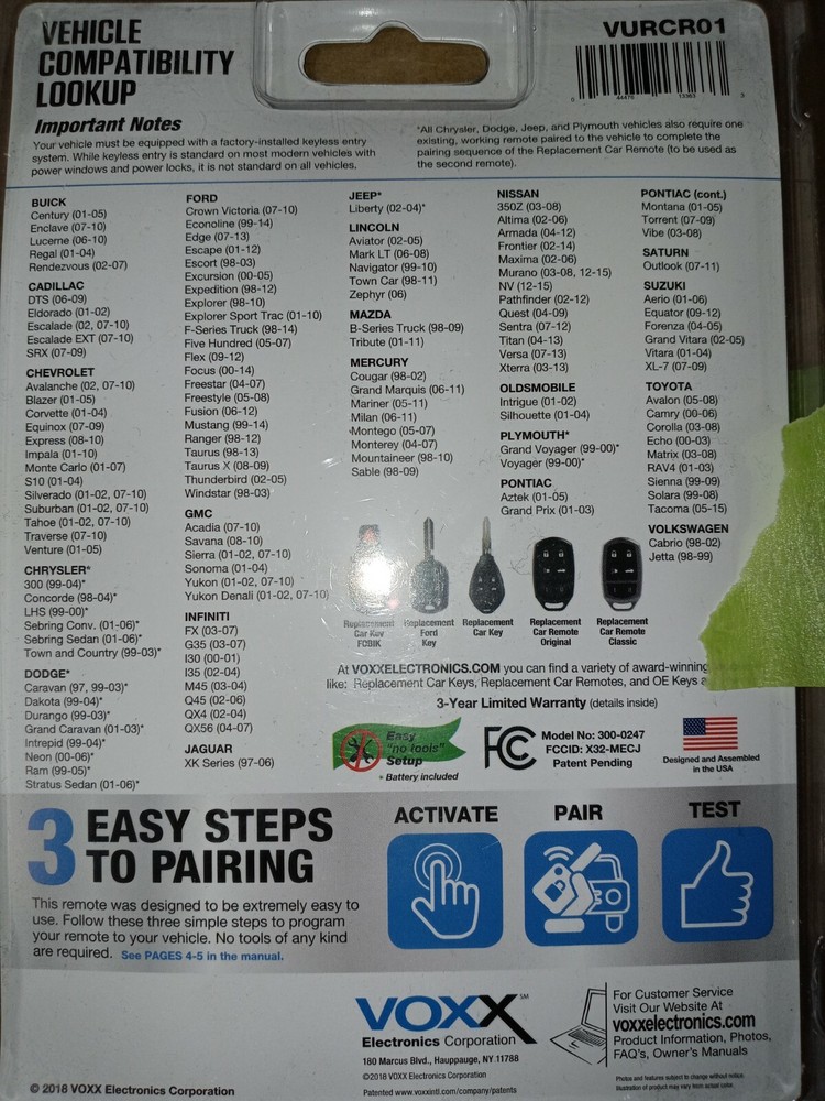 VOXX Replacement Car Remote Model#VURCR01