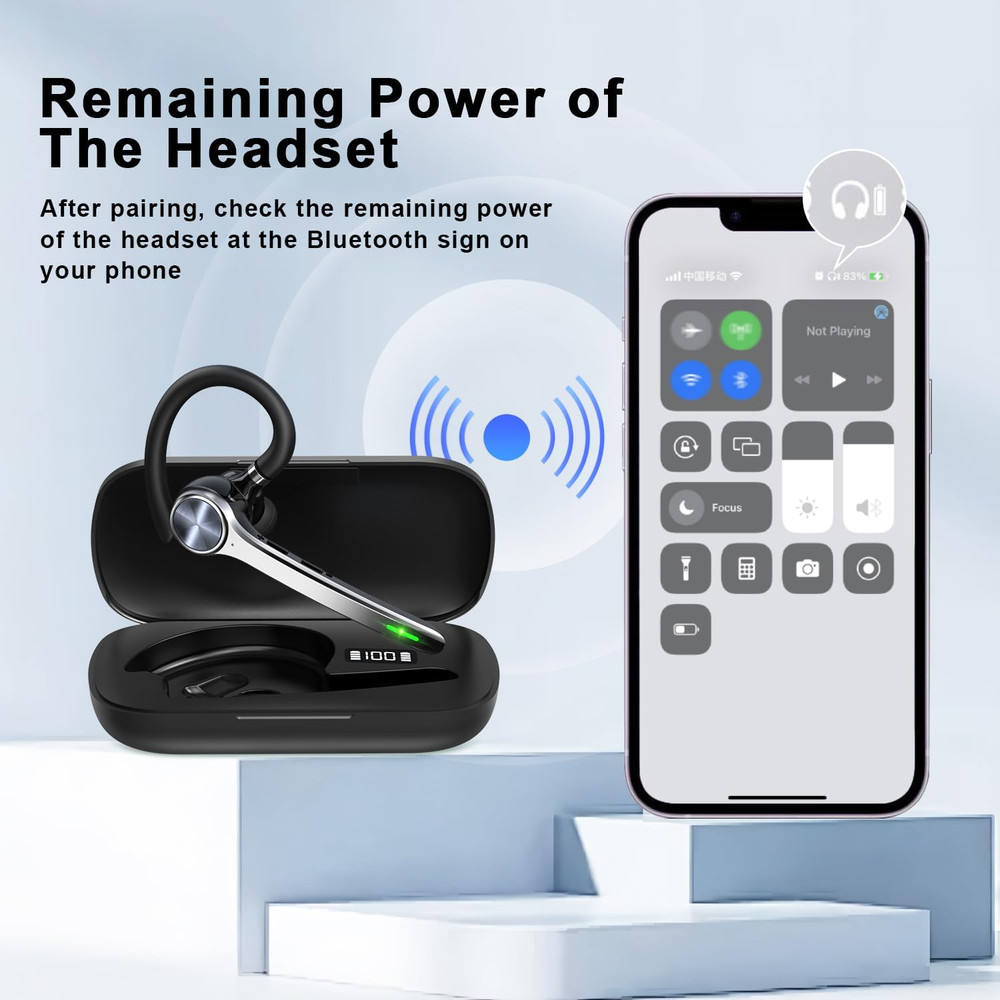 Bluetooth Headset, Wireless Bluetooth Earpiece with 500Mah Charging Case 72 Hour
