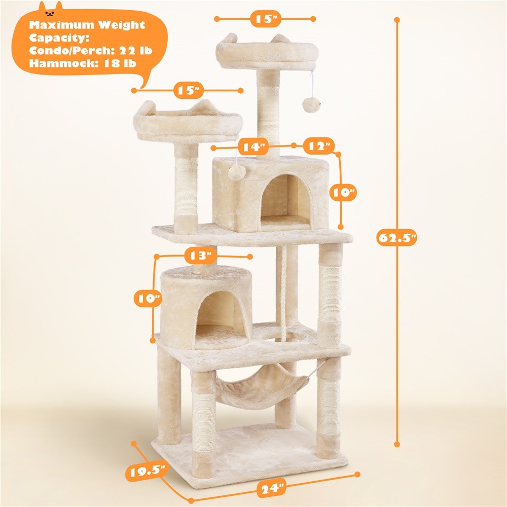 62.5" Multi-Level Cat Tree Tower w/ 2 Condos, Hammock & Scratching Posts Beige