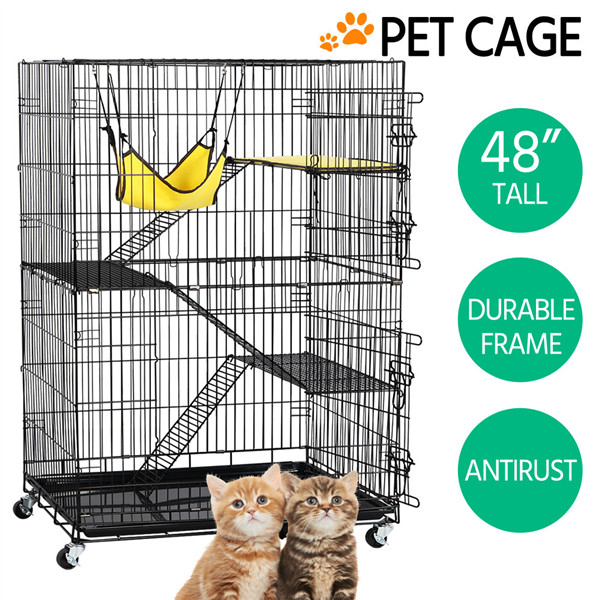48" Folding Metal Pet Cat Kennel Cage Crate Playpen w/ Free Hammock Bed Black