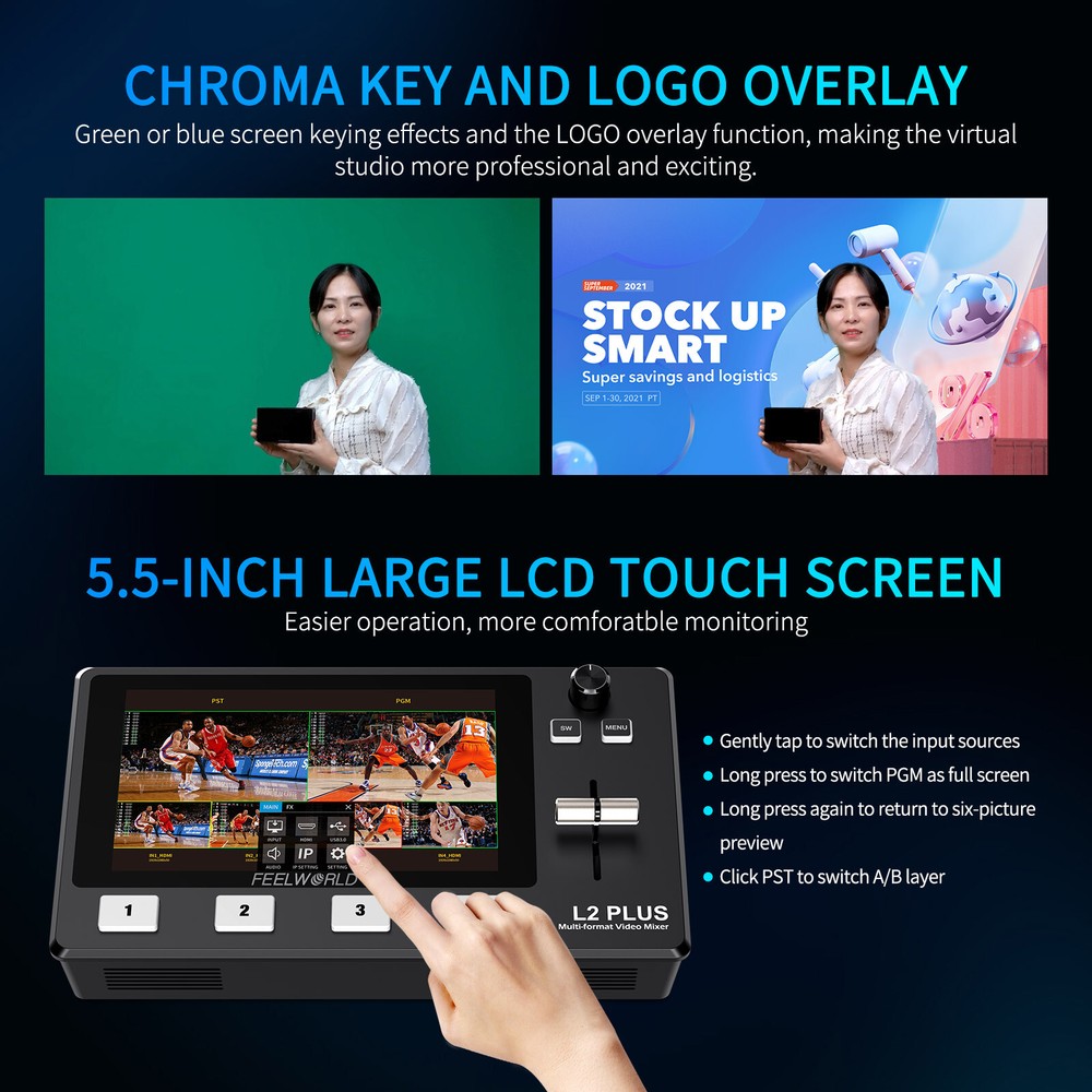 FEELWORLD L2 PLUS Multi-camera Video Mixer Switcher with 5.5" LCD Touch Screen