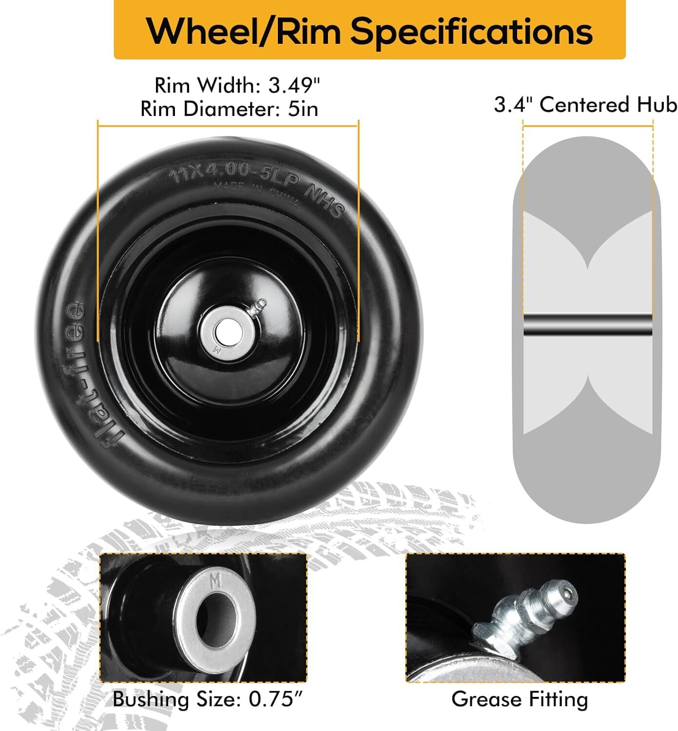 WEIZE Universal Fit 11 x 4.00-5 in Flat Free Lawn Mower Tires with Rim 11x4-5 2p