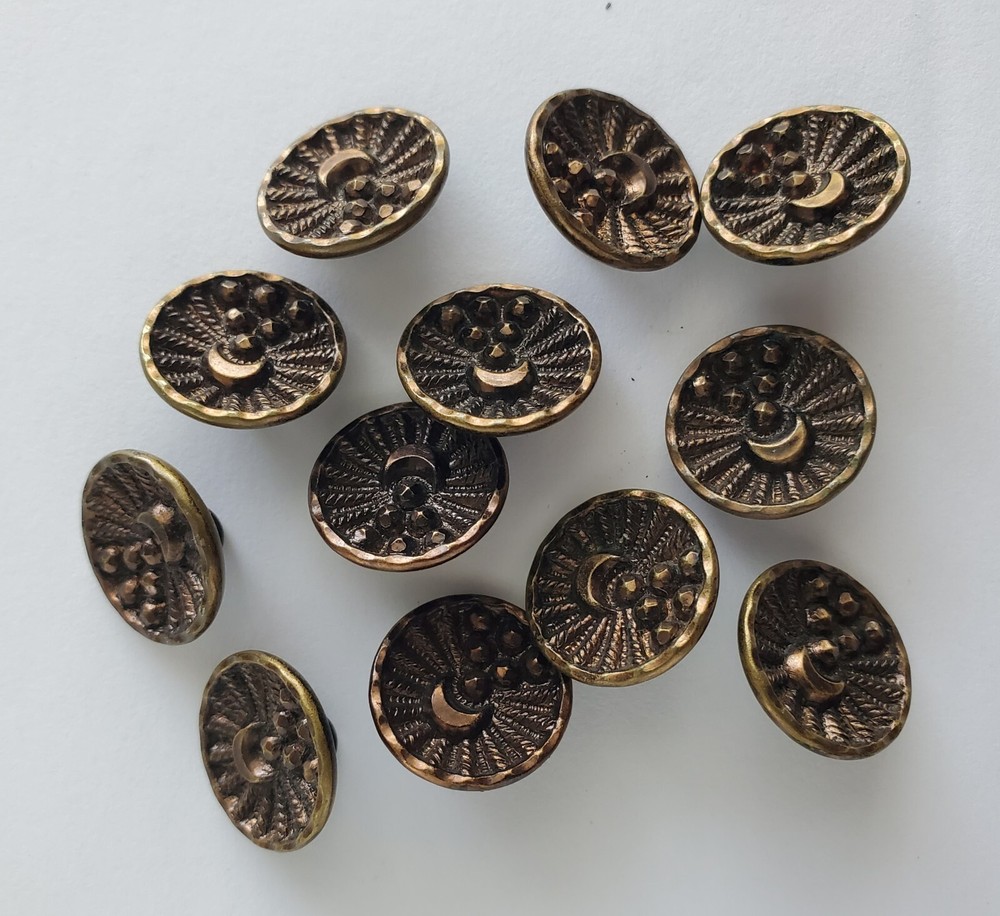 (12) ANTIQUE METAL SHANK BUTTON CRESCENT MOON DESIGN