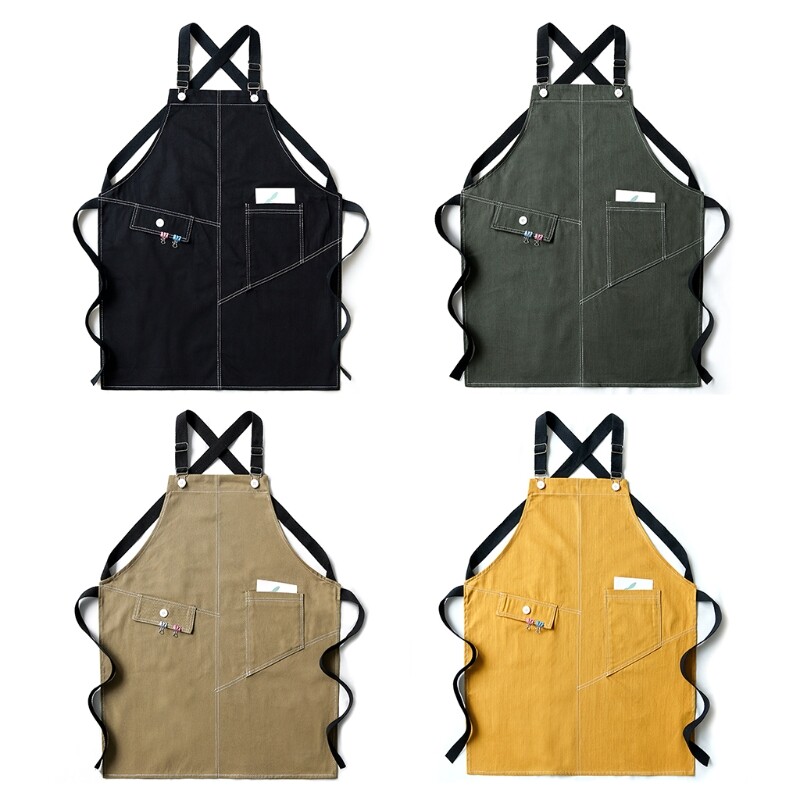 Solid Color Apron with Pocket for Cross Back Adjustable Buckle Kitchen Bib