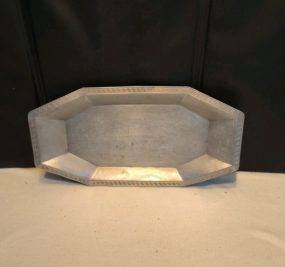 Antique Octagonal Dish Tray Aluminum Jake Lambert Yards, WI w/ Greek Key 11x5.5"