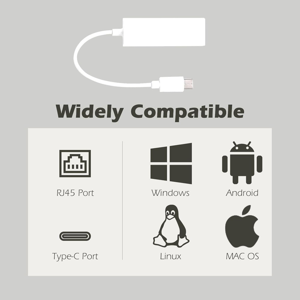 USB-C to Ethernet Adapter, High-Speed Network for Type-C Devices, White