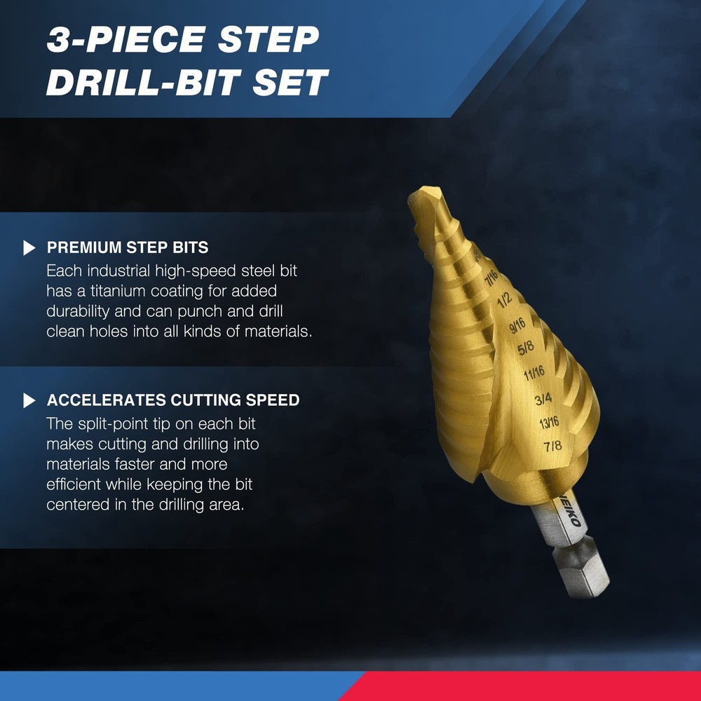 NEIKO 10181A Step Drill Bit Set, 3 Piece, 1/4" Quick Change Hex, Titanium