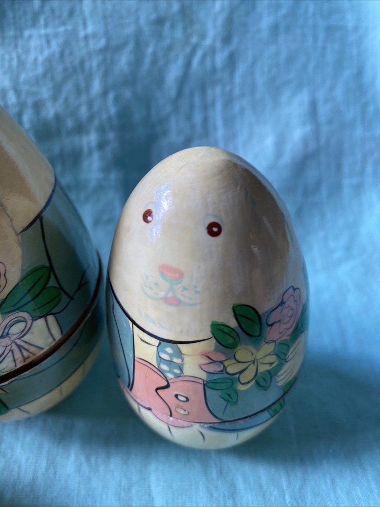 VTG WOOD EASTER BUNNY NESTING/STACKING DOLL 4 Pc Set Small Bunny Damaged