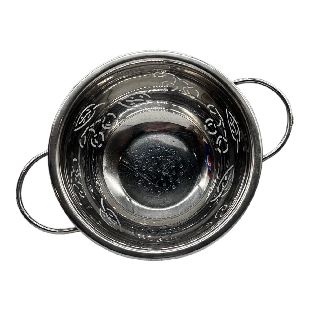 Metal Colander Strainer Cherries & Leaf Pattern Small Silver Farmhouse 8.5" D