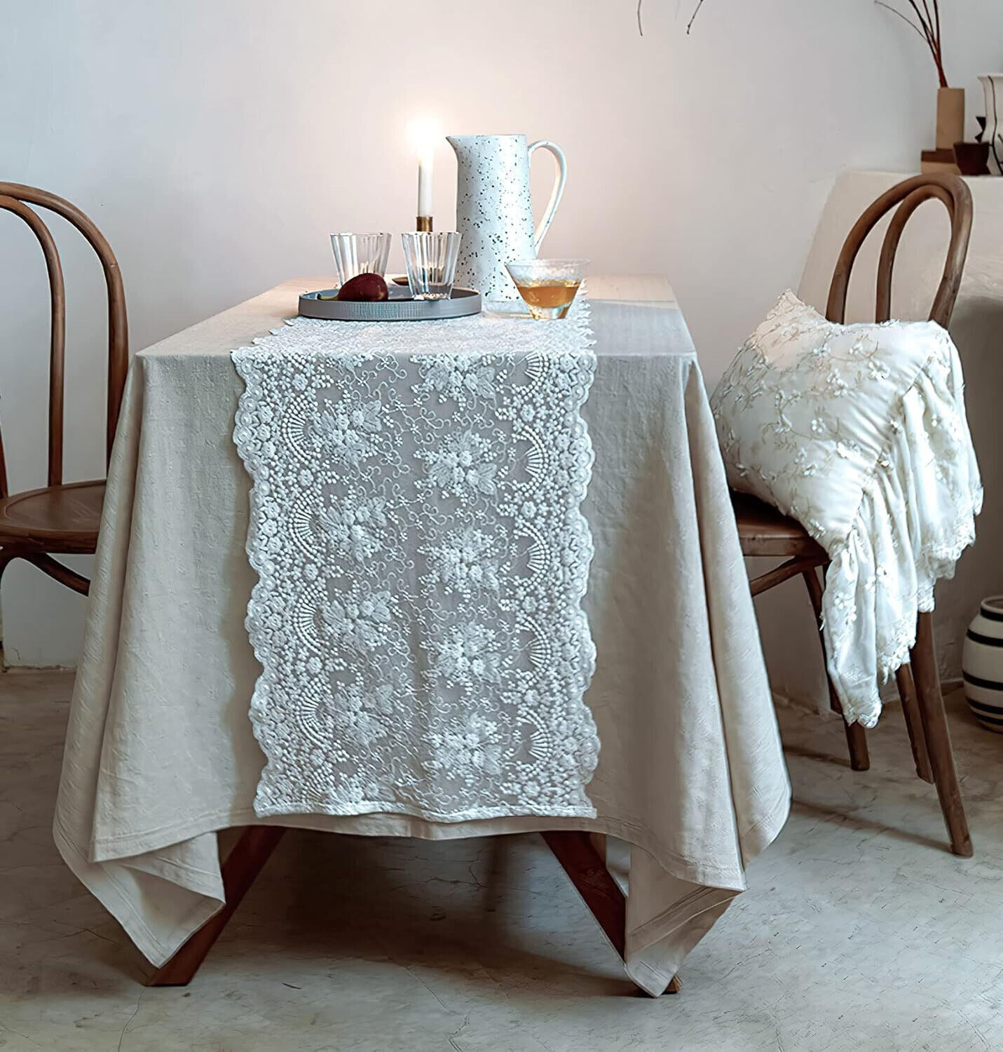 White Vintage Embroidered Lace Table Runner Dresser Scarf Doily Wedding Party