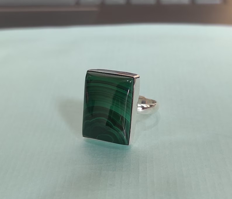 Solid 925Sterling Silver Rectangular Malachite Stone Handmade Women's Band Ring