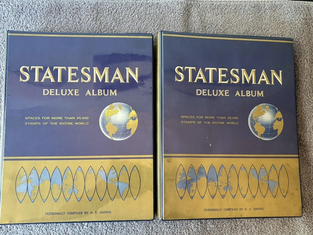 TWO (2) 1966 Ed. STATESMAN DELUXE STAMP ALBUMS W/SOME STAMPS~BOTH IN GREAT COND.