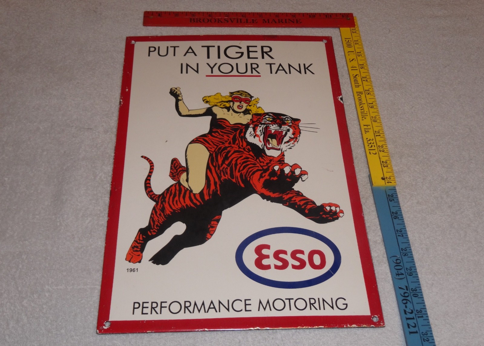 VINTAGE 1961 "ESSO CAT WOMAN RIDING TIGER" 18" PORCELAIN METAL GASOLINE OIL SIGN