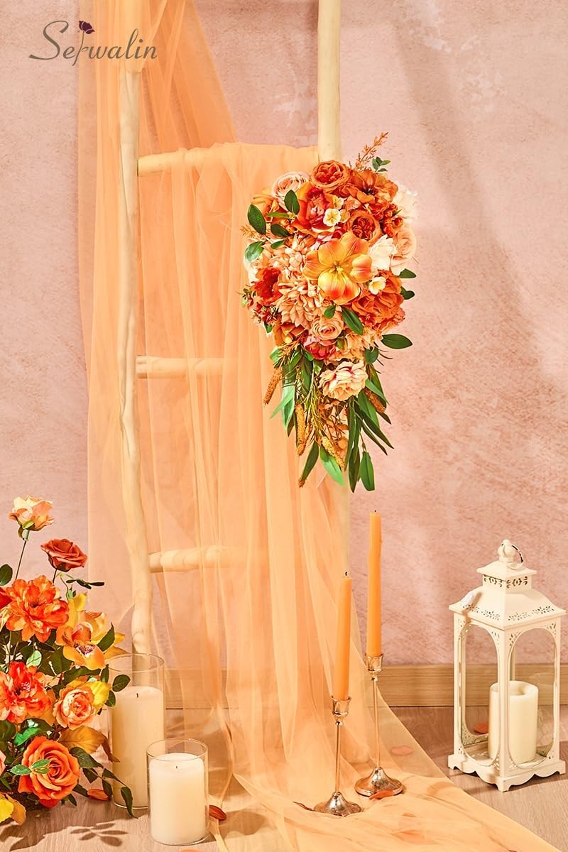 11 Inch Wedding Bouquets Bride Bridesmaid,Fall Cascading Orange Bridal Bouquets