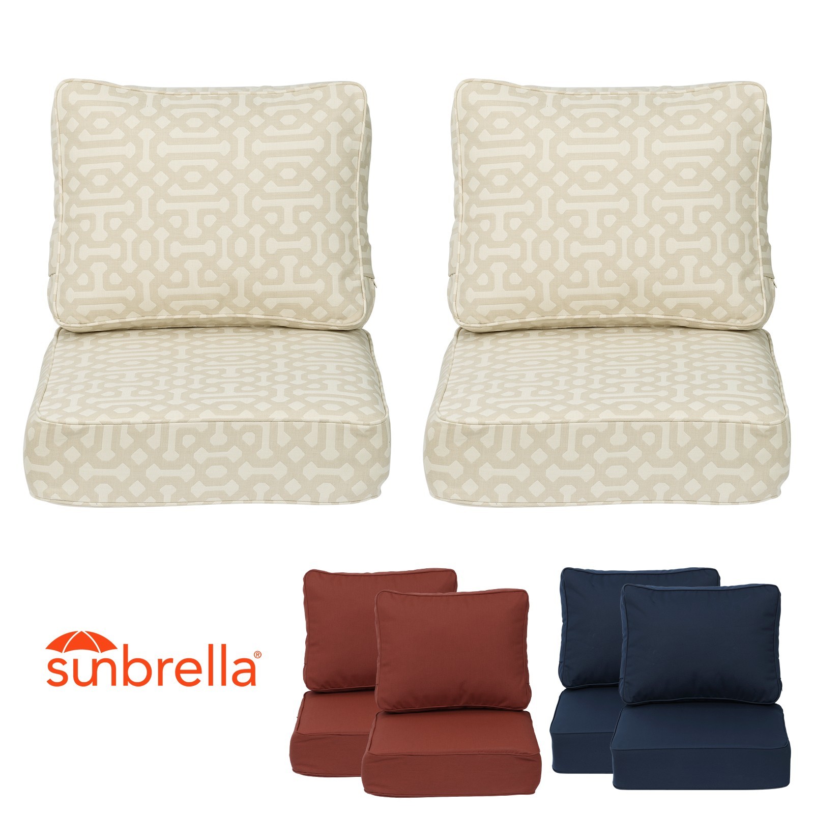 Sunbrella Fabric Outdoor Patio Deep Seat Cushions Set with Pocket Springs & Ties