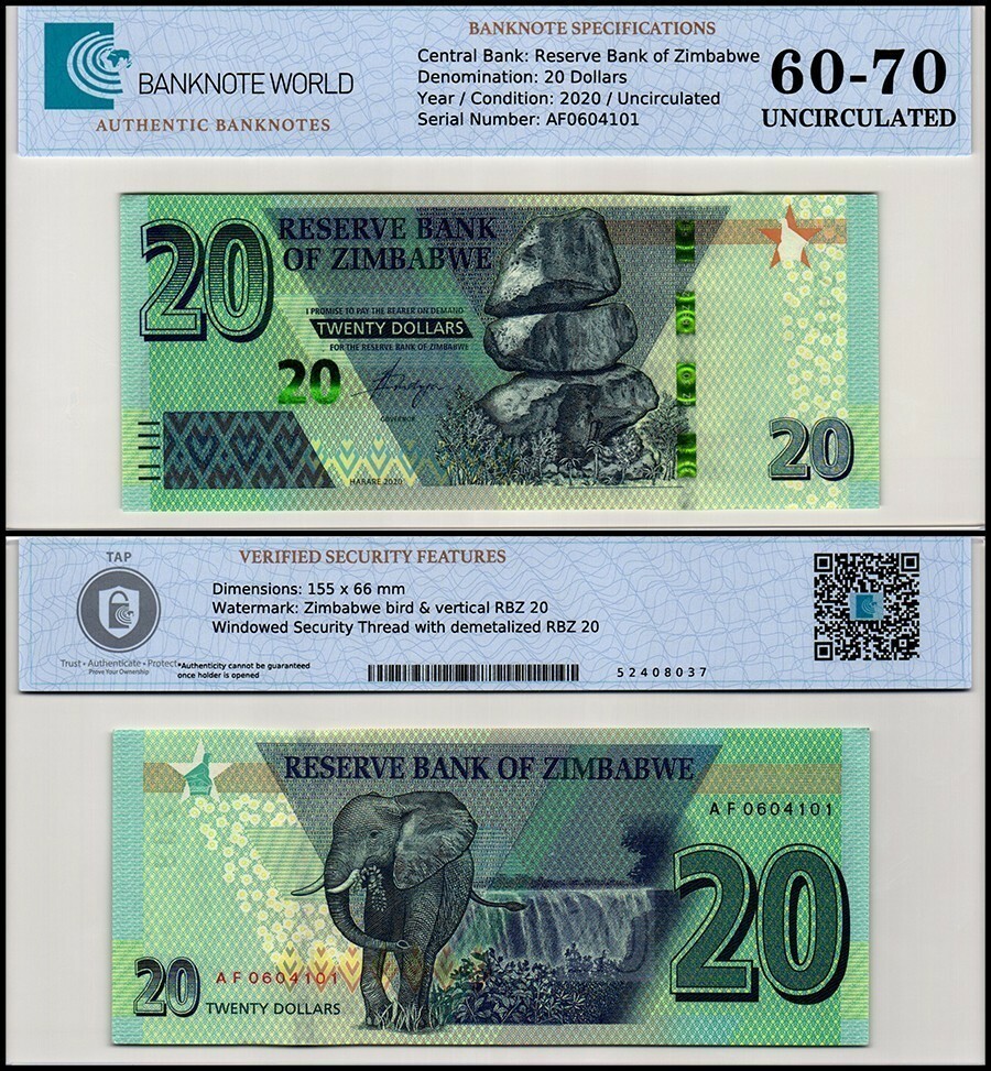 Zimbabwe 20 Dollars, 2020, P-104, UNC, Authenticated Banknote