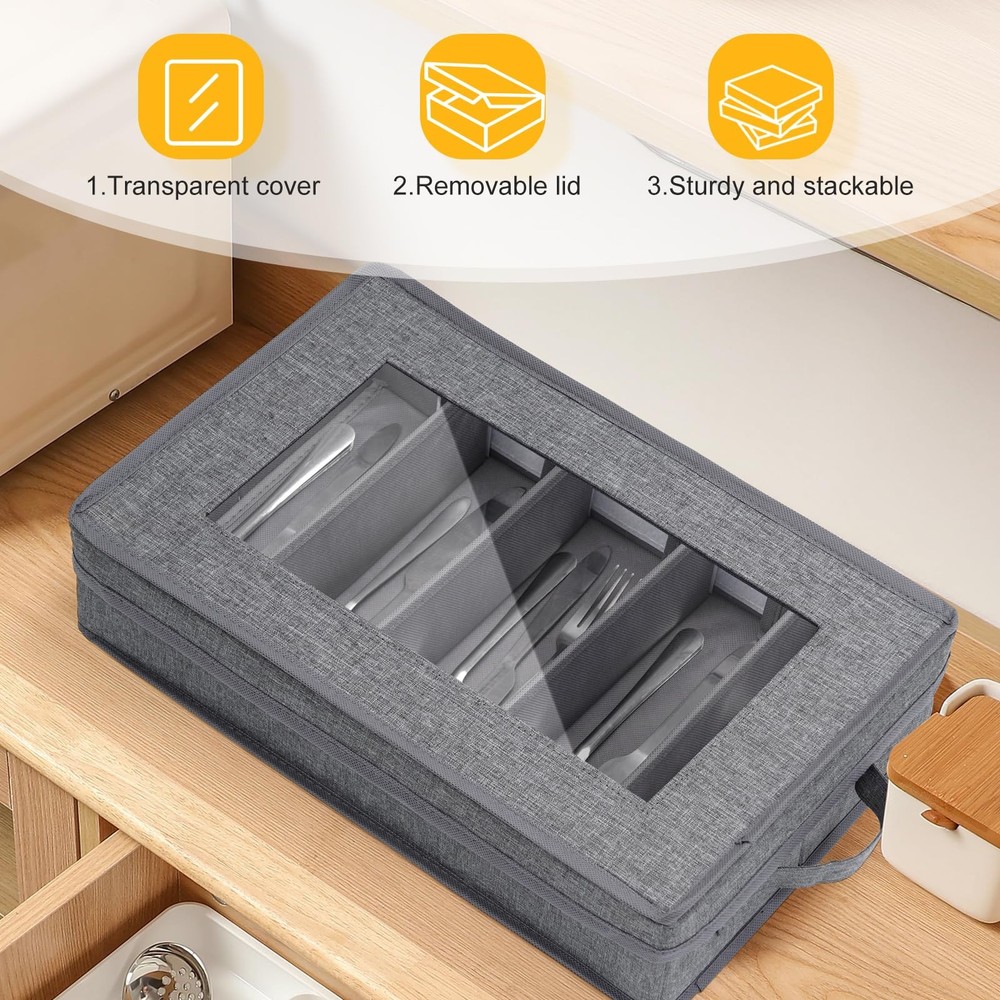 Lafulling Silverware Storage Box, Flatware Storage, 17"X10.5"X4", Grey