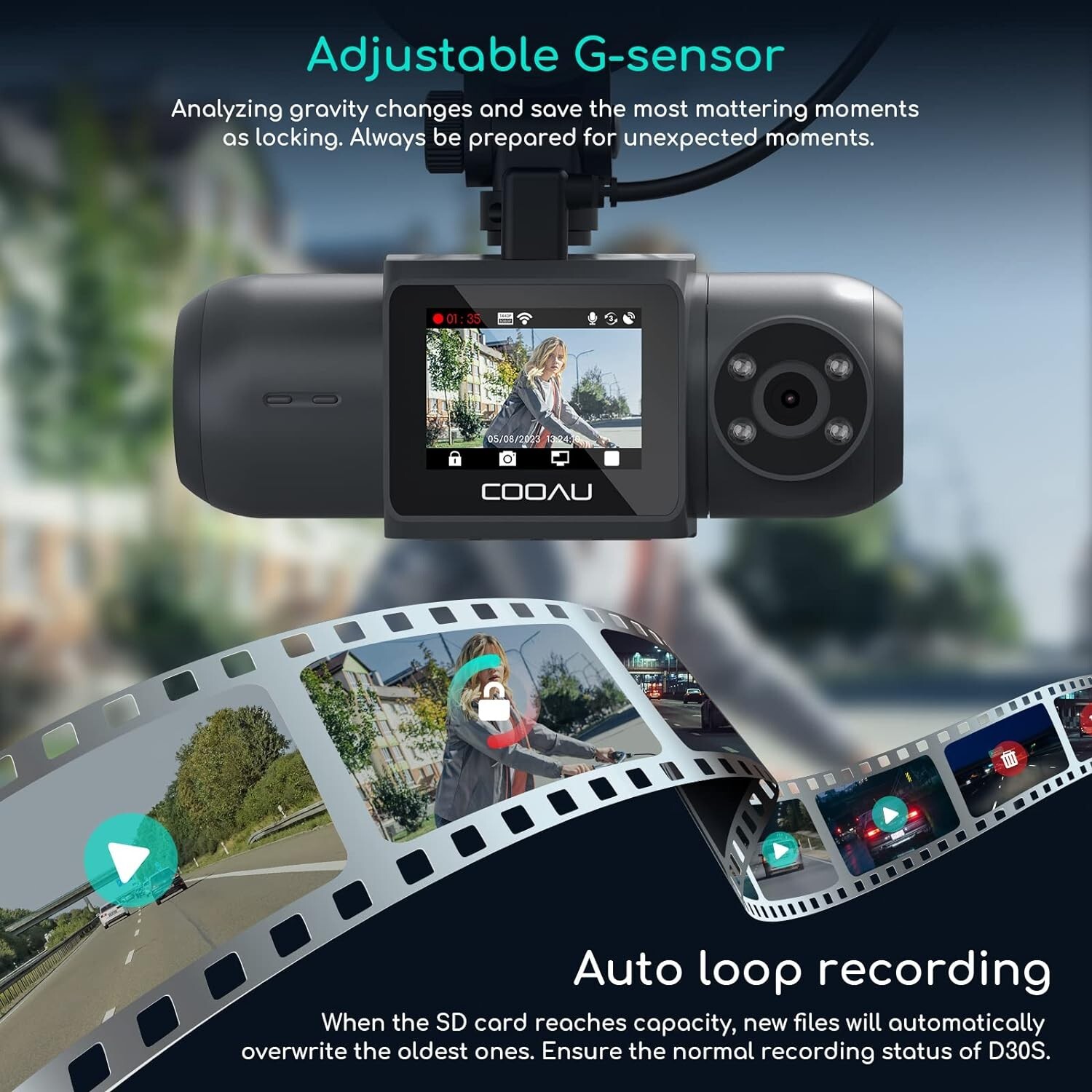 COOAU D30S 4K Dash Cam with GPS Wi-Fi, Front and Inside Dual 2.5K 1080P,G-Sensor