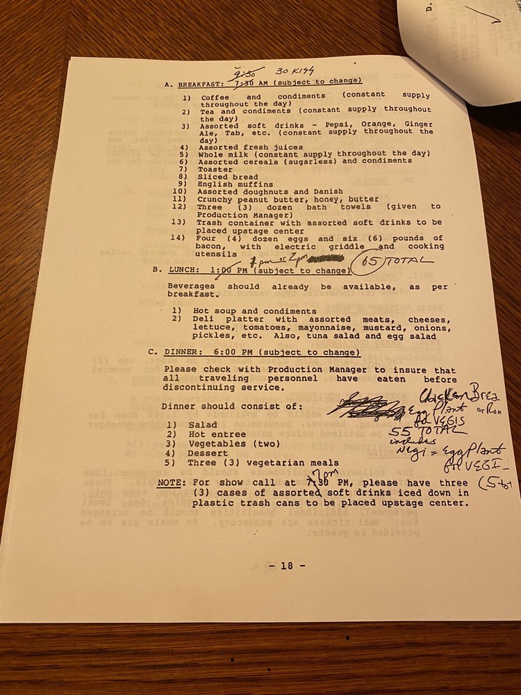 KISS 1980's concert tour rider contract hand signed notes COPY Gene Simmons