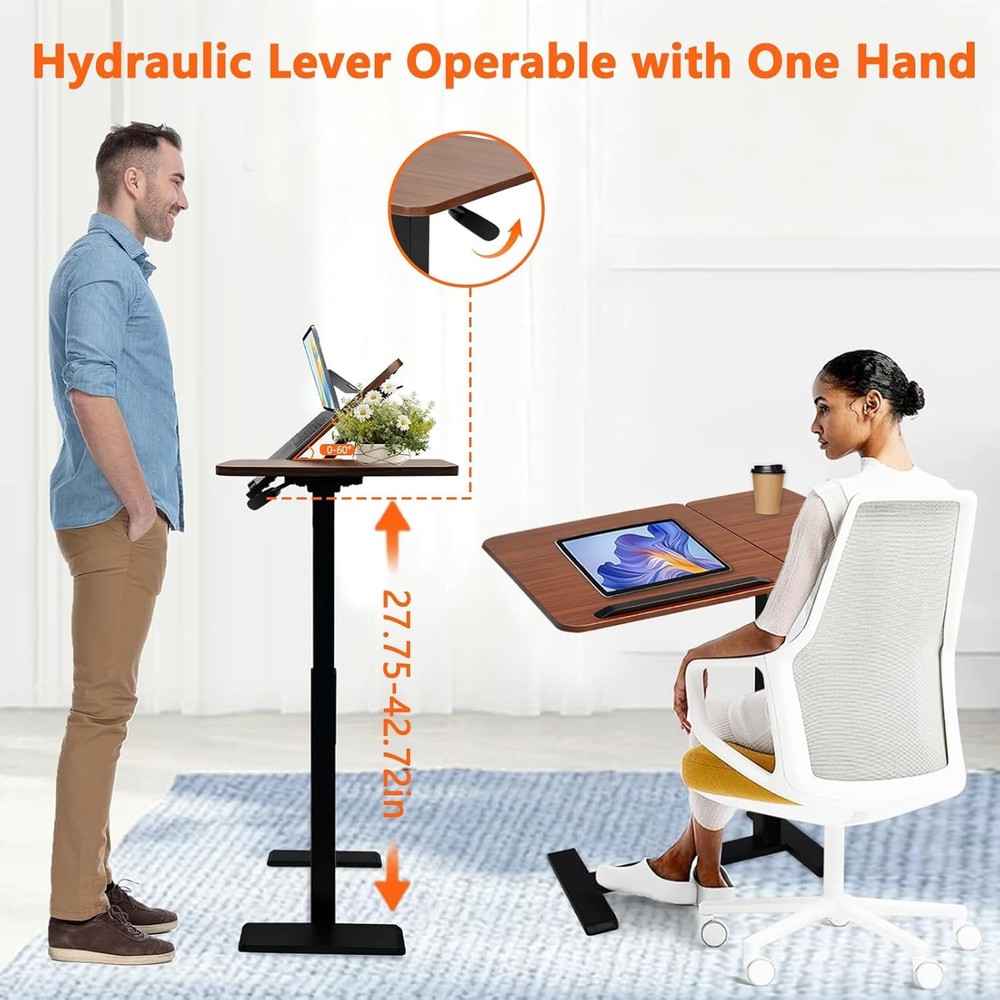 Overbed Bedside Table W/ Wheels Pneumatic Adjustable Rolling Laptop