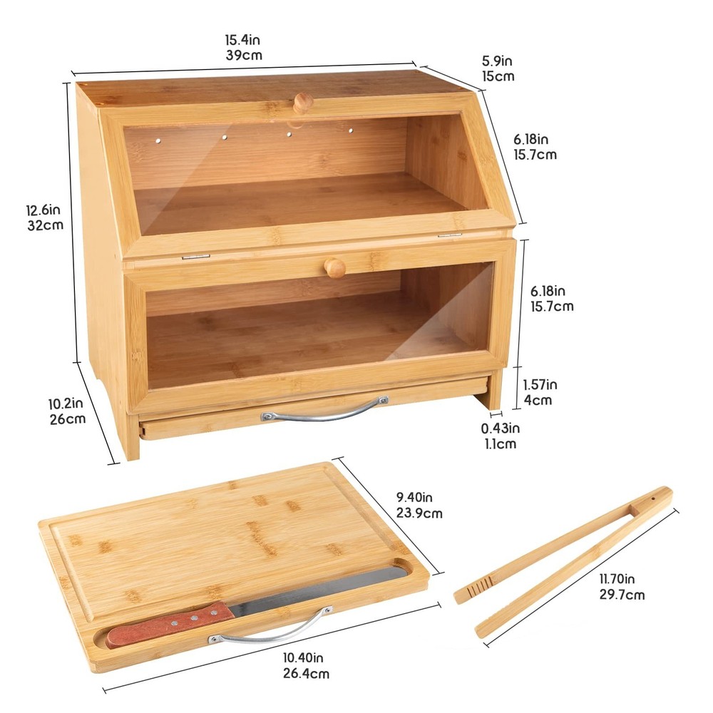 MAISONPEX Double Layer Bamboo Bread Box for Kitchen Countertop, Cutting Board...