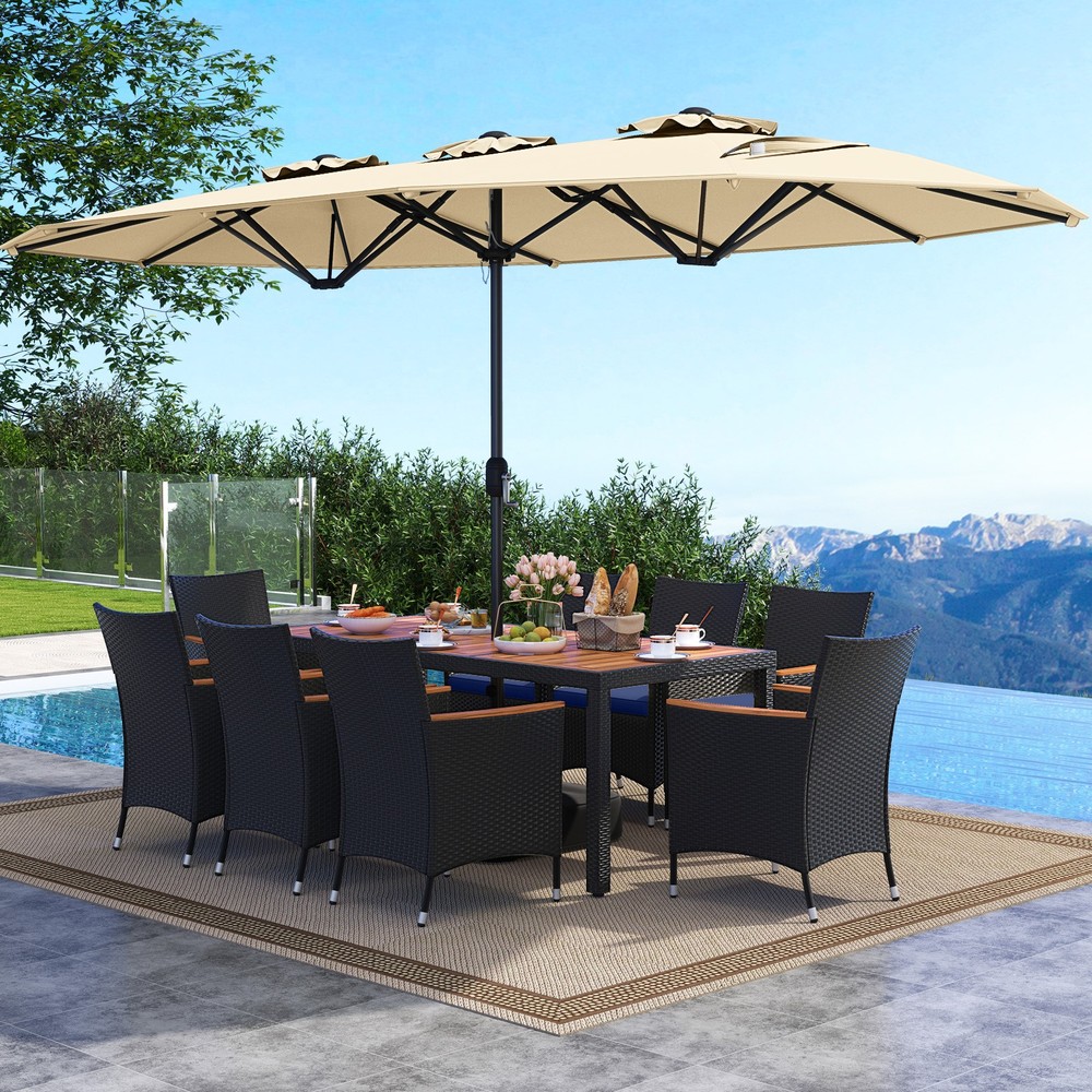 11 PCS Patio Wicker Dining Set w/Double-Sided Outdoor Umbrella 8 Stackable
