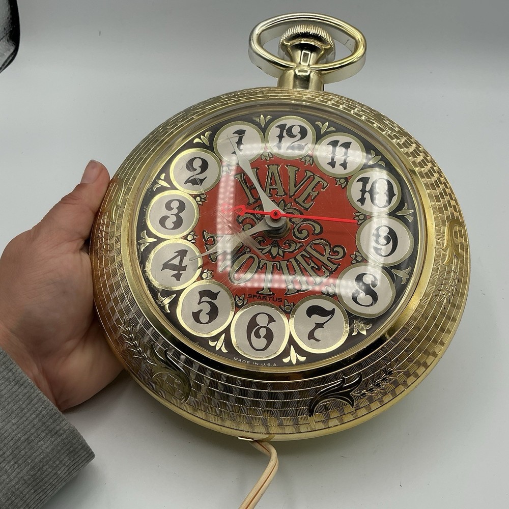 Vintage Spartus Wall Clock HAVE ANOTHER Runs Backward Reverse Bar Decor - Works