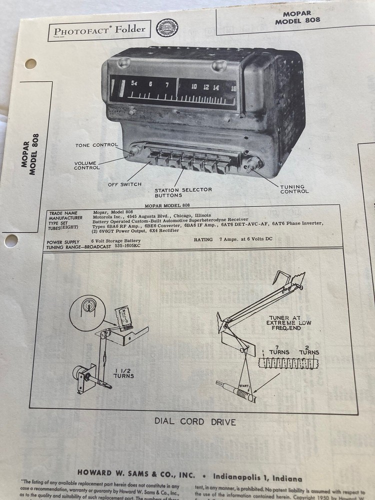 1950 MOPAR RADIO, MODEL 808, 6 VOLT  PHOTOFACT SCHEMATIC AUTO