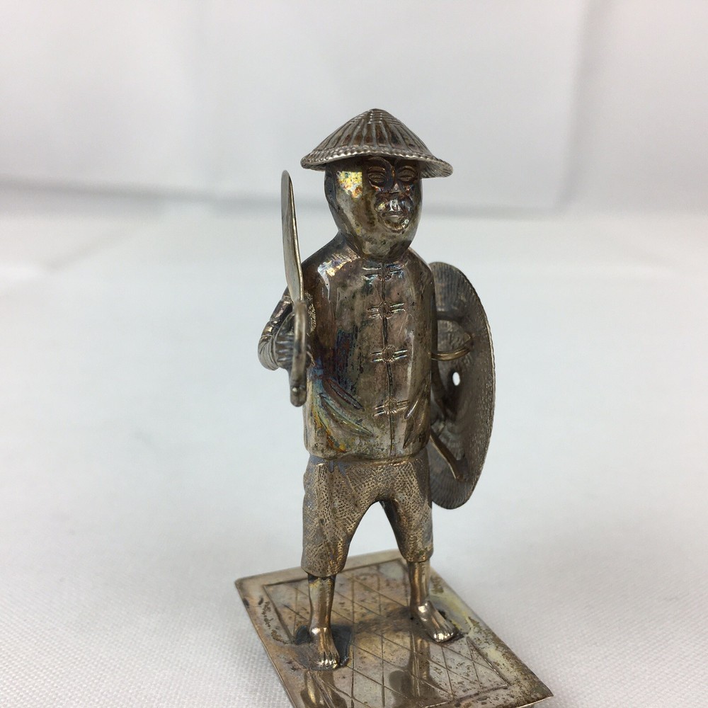 Antique Solid Silver Chinese Export Soldier Sword & Shield Signed N.M Figure