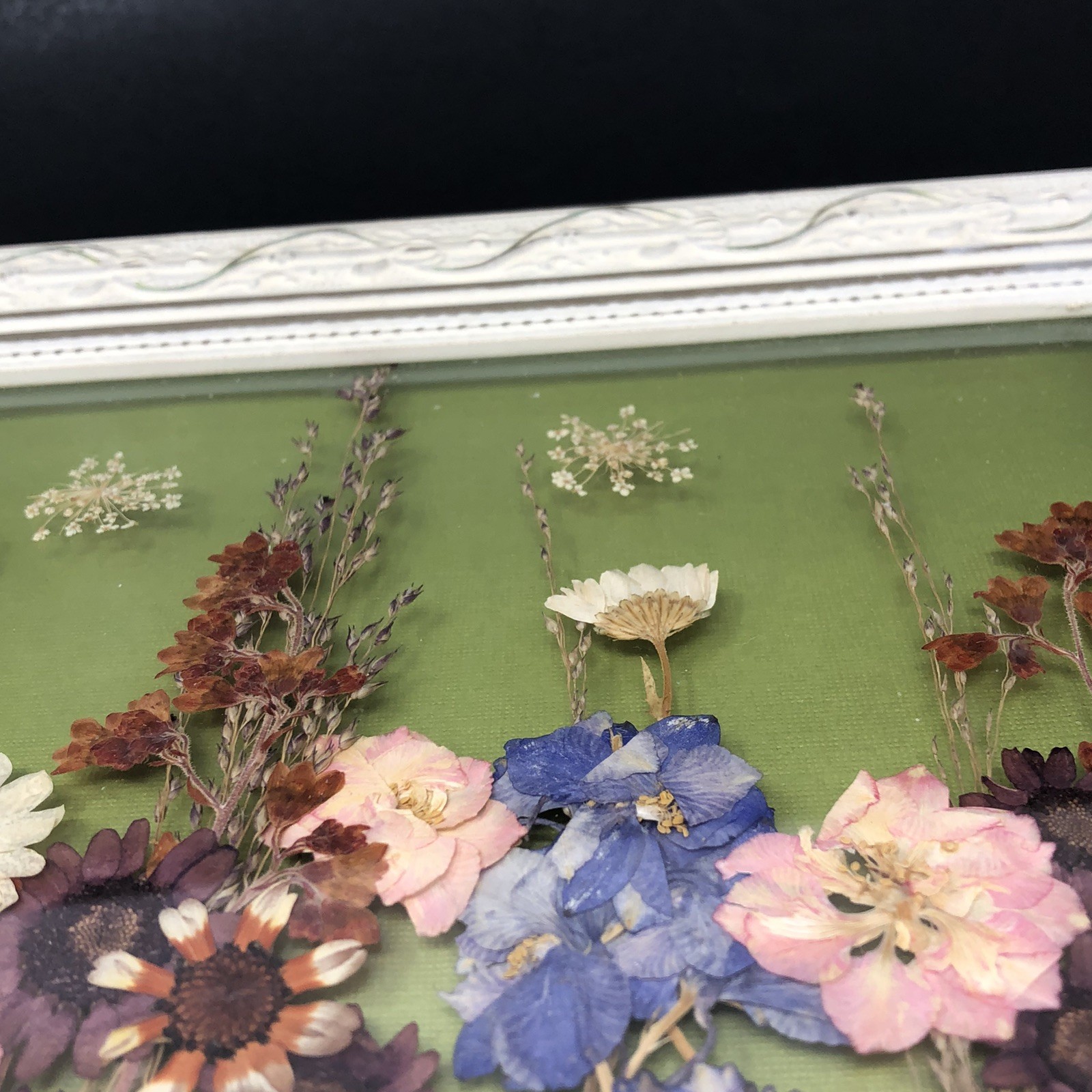 Framed Pressed Flowers Distressed Frame 12.5" x 10.5" Cottagecore Country Chic