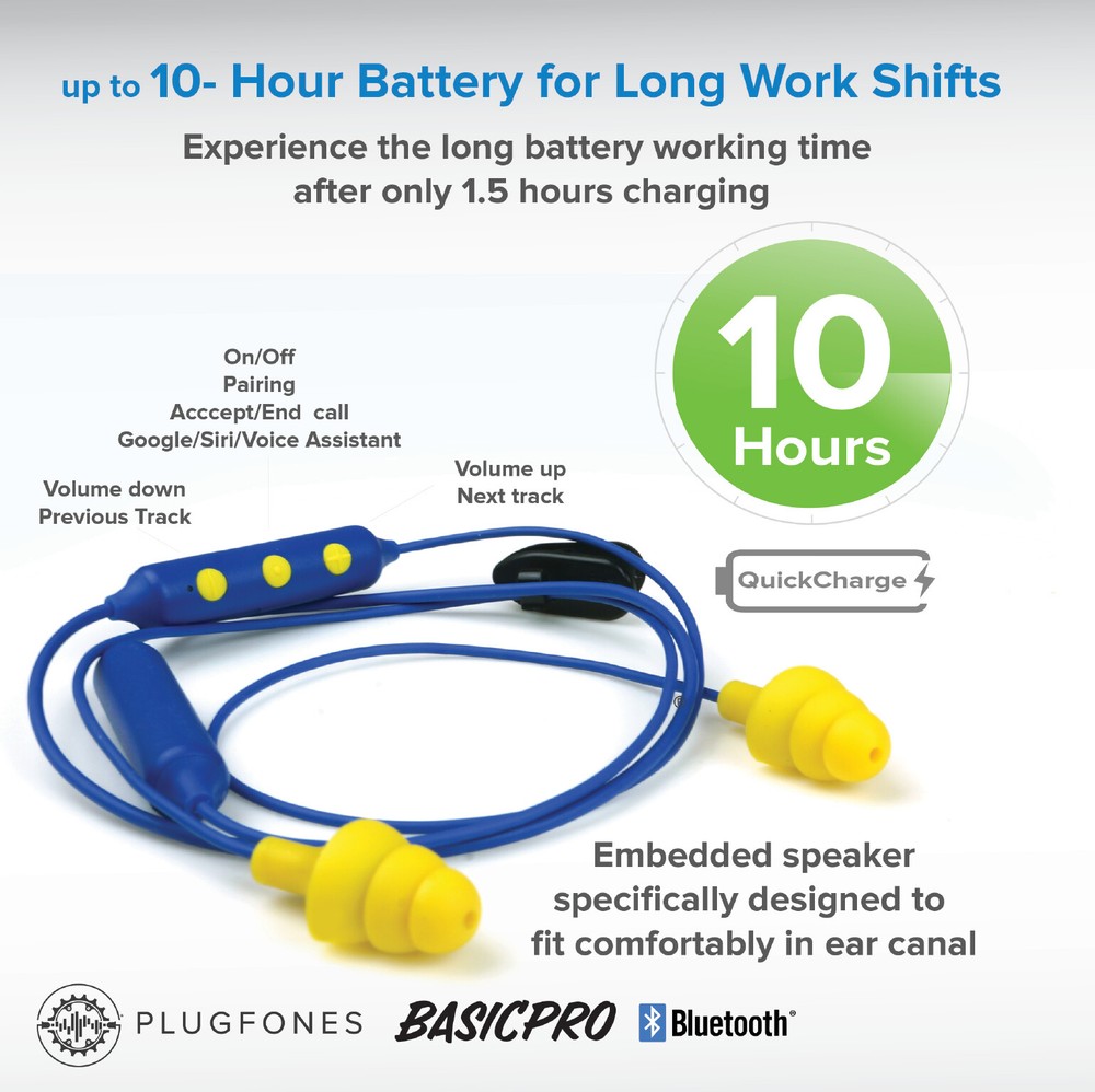 Plugfones Bluetooth earplugs with music Basic Pro Blue/Orange Working buds OSHA