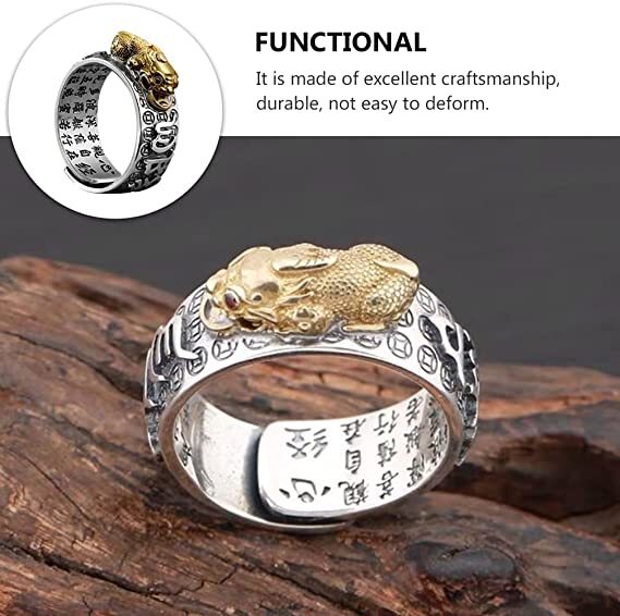 Silver Feng Shui Pixiu Adjustable Ring MANI Mantra Protection Wealth Ring USA
