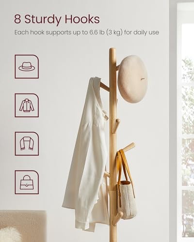 Solid Wood Coat Rack, Free Natural Beige Square Base + Cylindrical Hooks