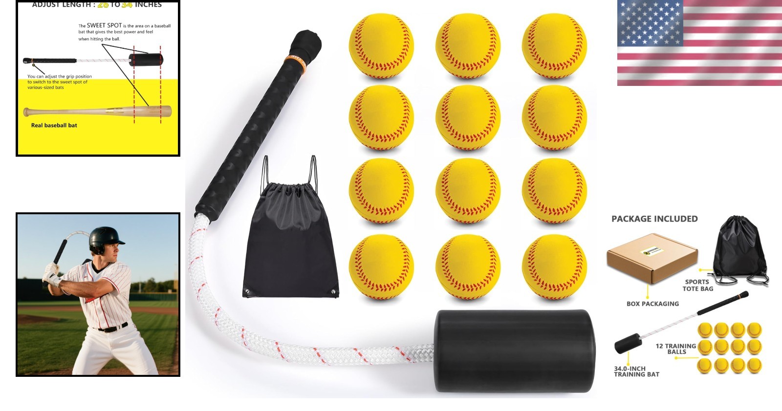 Baseball & Softball Swing Trainer Bat with Rope 12 Balls Tote Bag JUJINGYANG