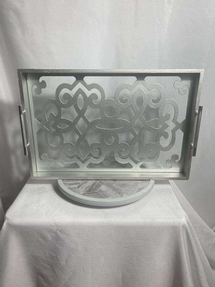 Decorative Serving Tray Silver White Cutout Glass Bottom Handles 17in