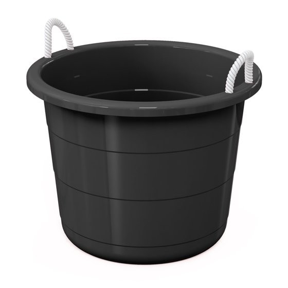 Black 17-Gallon Storage Tub - Flexible Plastic, Rope Handles, Utility Bucket