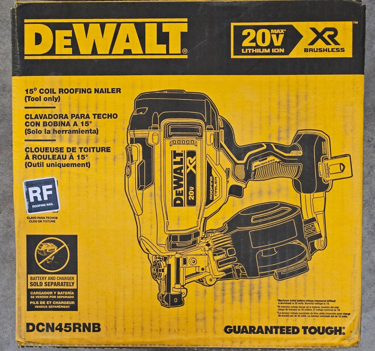 NEW DeWalt 20v MAX XR Brushless 15 Degree Coil Roofing Nailer Model# DCN45RN