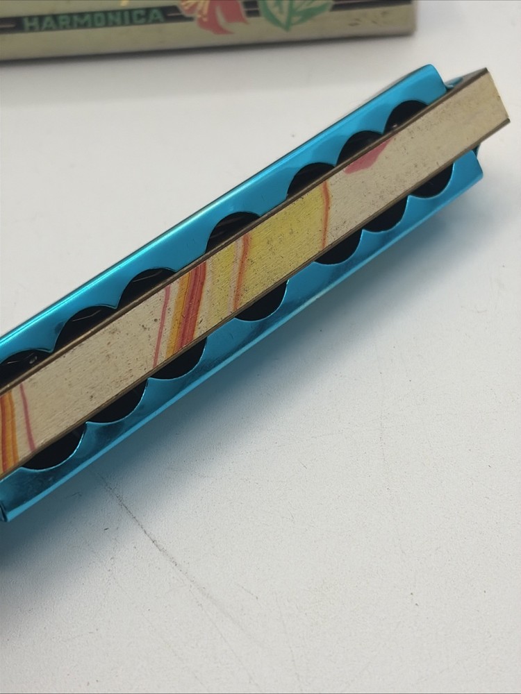 Vintage Harmonica BLESSING BIRDS ETCHED UNIQUE Blue