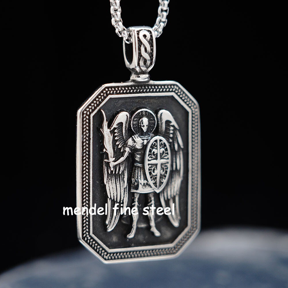 MENDEL Saint St Michael Archangel Medal Shield Pendant Necklace Stainless Steel