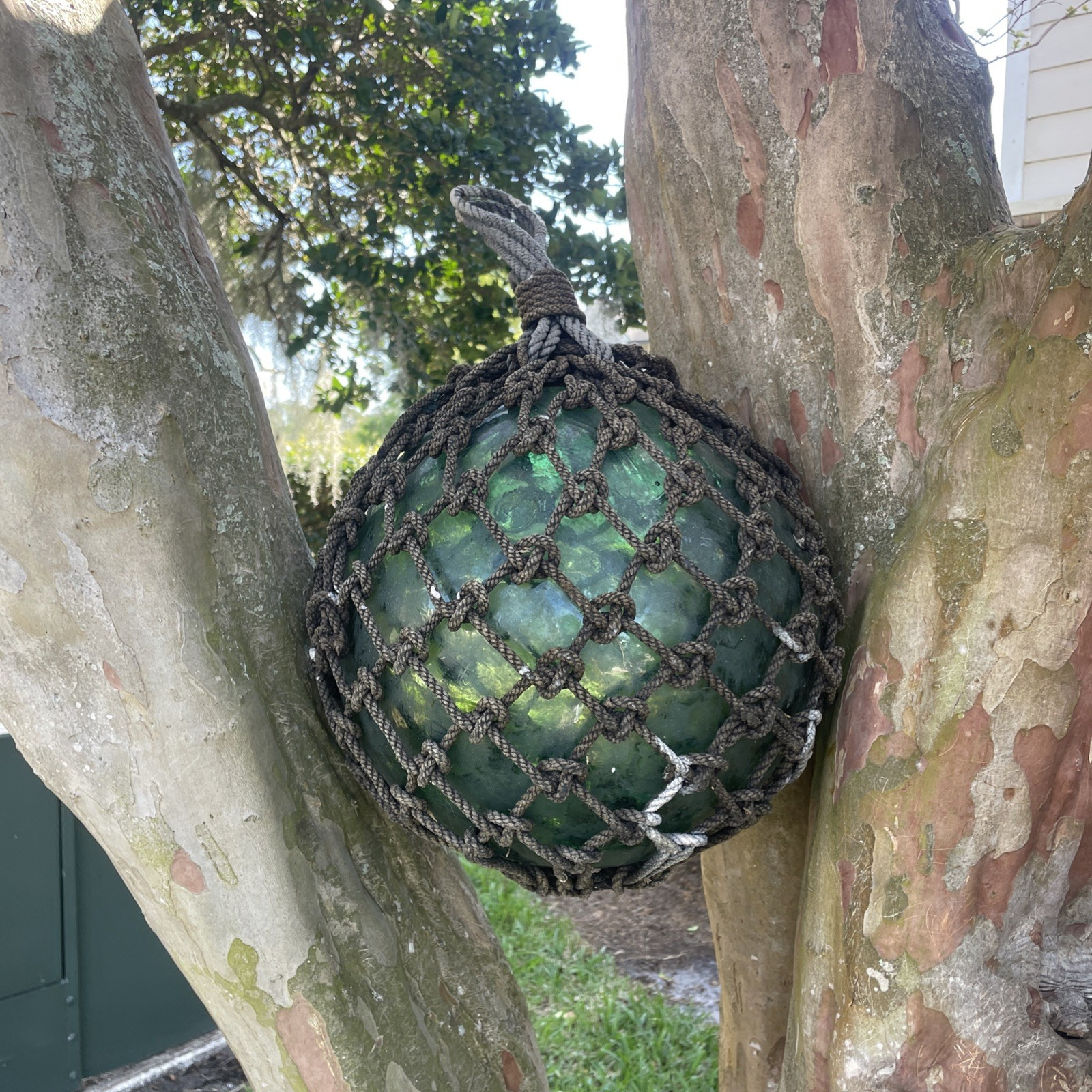 Japanese Large Glass Fishing Float Buoy Ball Net Vintage, Green