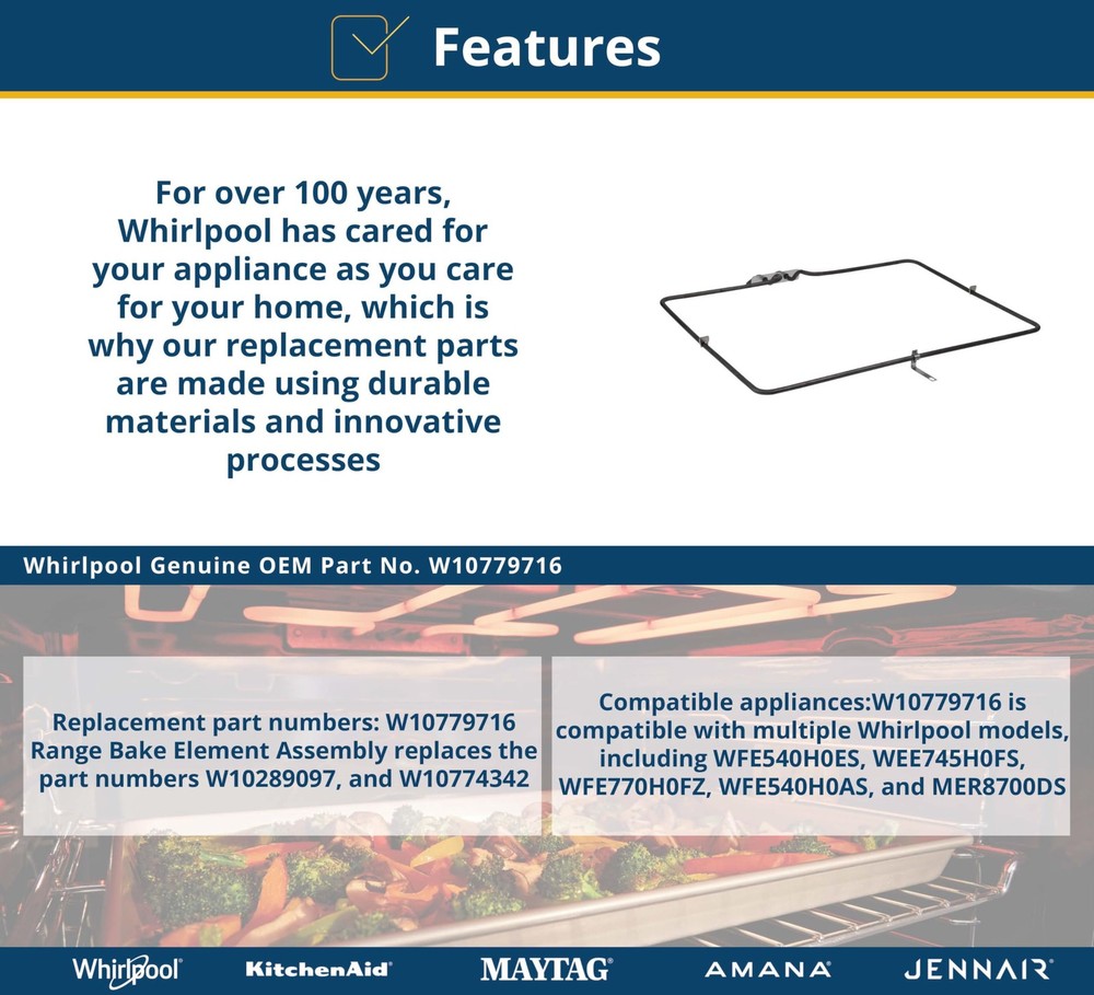 Whirlpool W10779716 Genuine OEM Range Bake Element Assembly