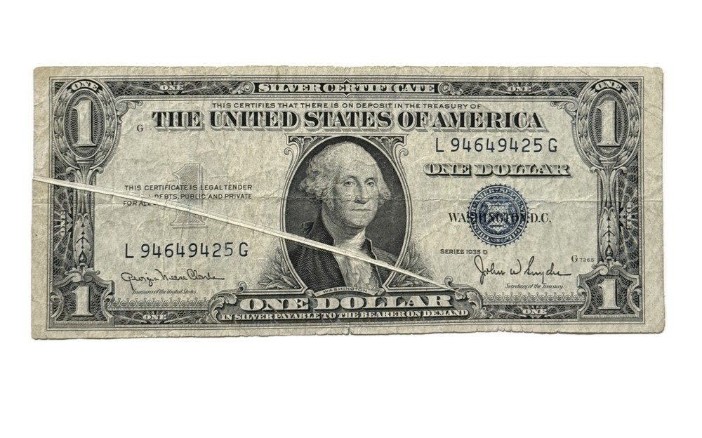 1935D $1 ONE DOLLAR SILVER CERTIFICATE “MAJOR GUTTER FOLD ERROR” Fold Covers 75%