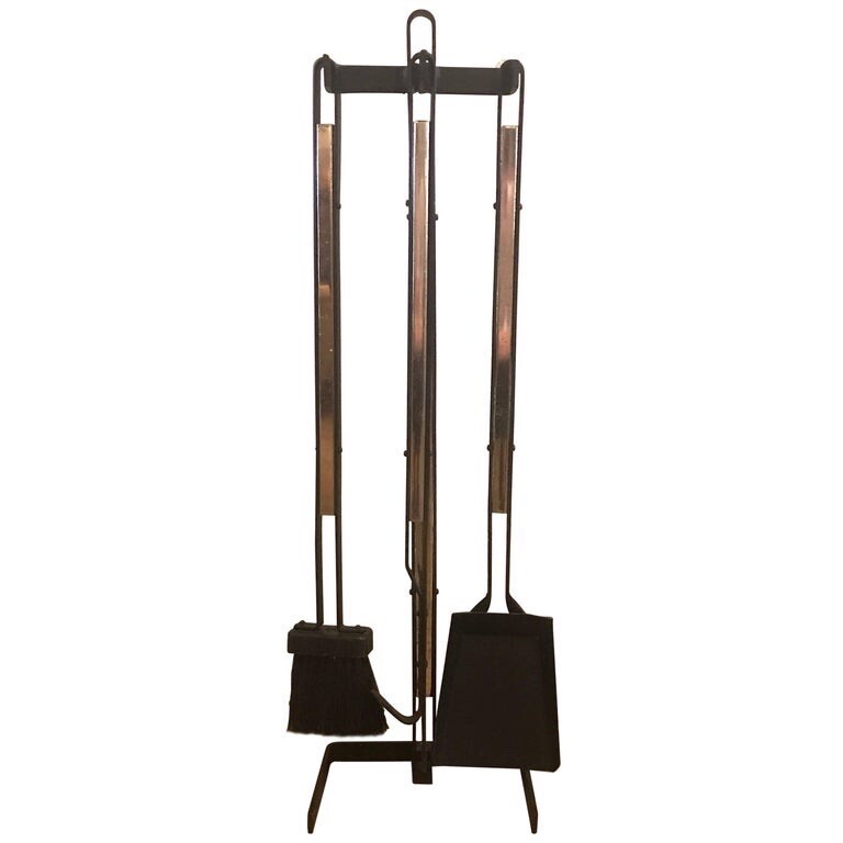 Mid Century Iron & Wood Fireplace Tool Set