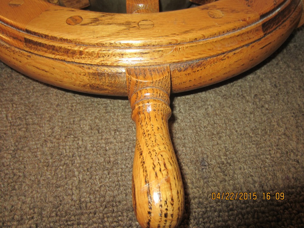 NAUTICAL, OAK SHIP'S WHEEL, WITH BRASS CLOCK